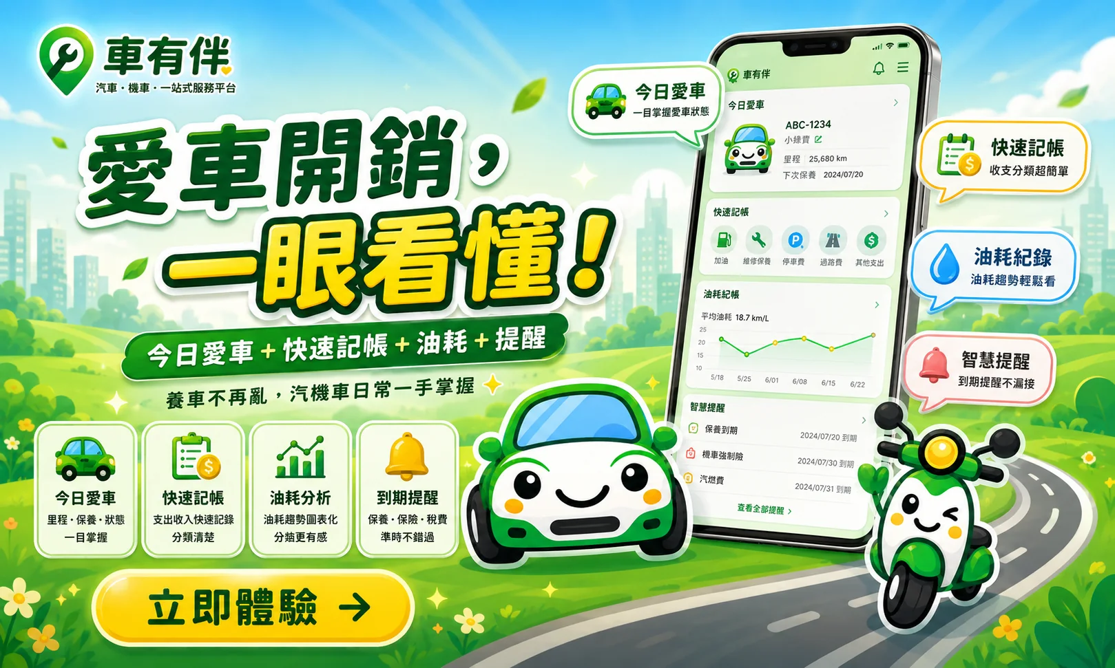 愛車開銷一眼看懂：今日愛車、快速記帳、油耗分析與到期提醒